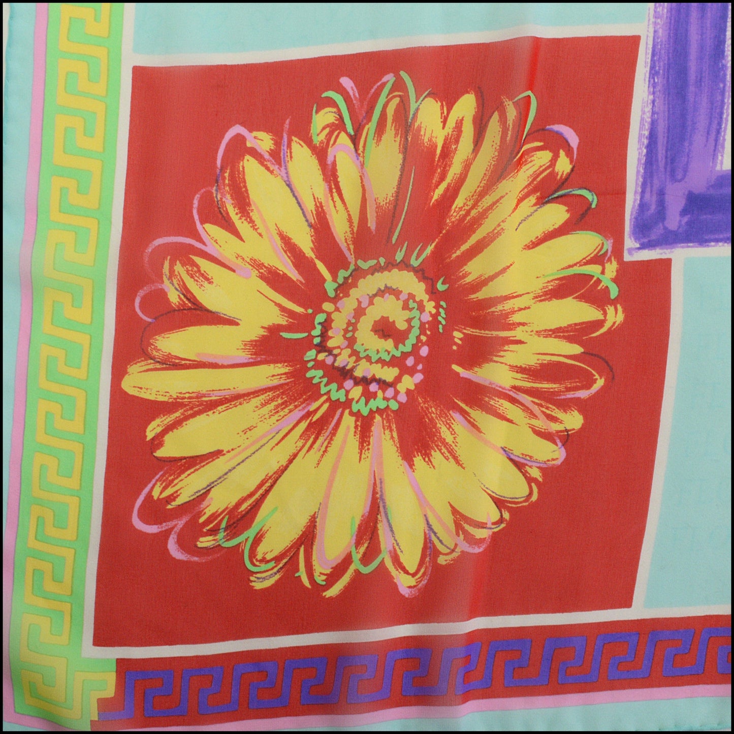 RDC14799 GIANNI VERSACE Vintage Greek Key Flowers Silk Chiffon Scarf