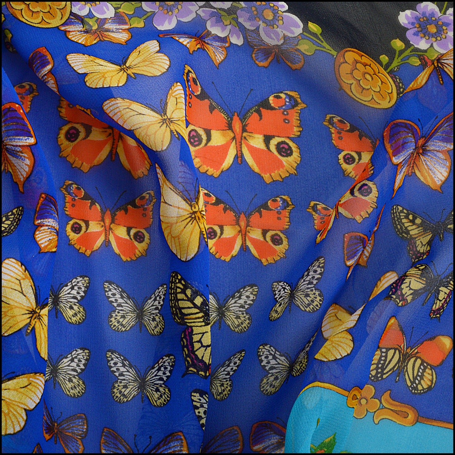 RDC14804 GIANNI VERSACE Vintage Butterflies/Fruits SIlk Chiffon Shawl Large Scarf