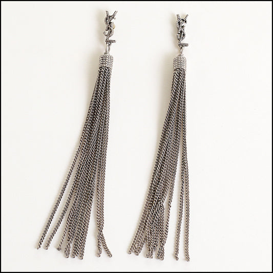 RDC14708 SAINT LAURENT YSL Dark Silver Chain Fringe Dangle Earrings