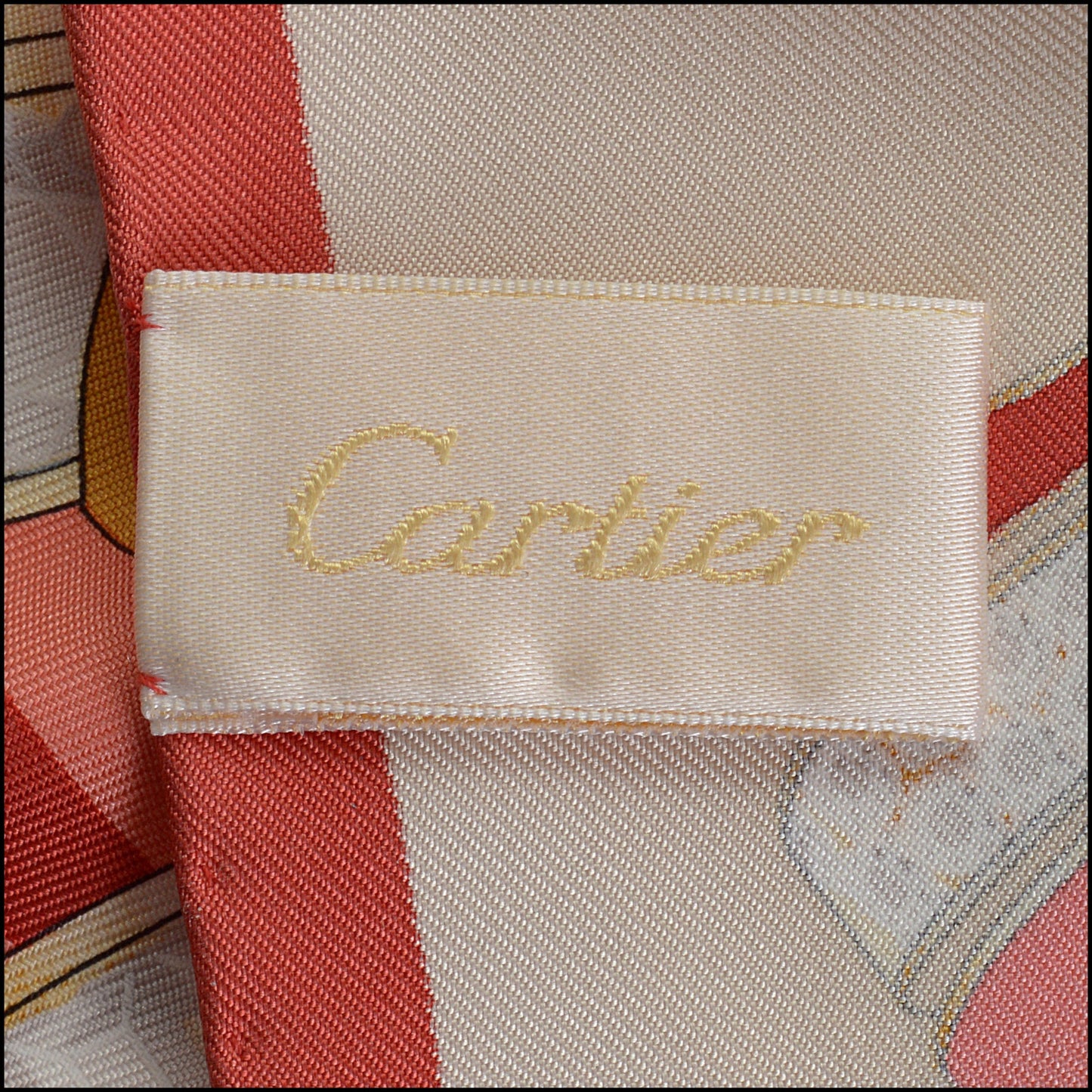 RDC14252 Authentic CARTIER Red / Beige / Gold Jeweled Ribbons 90cm Silk Scarf