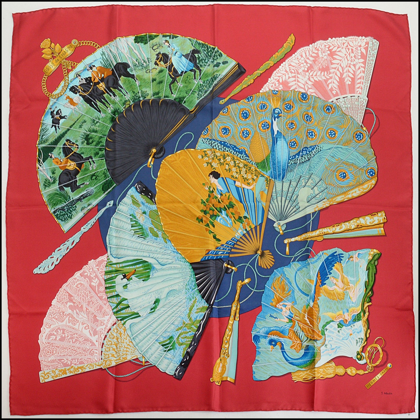RDC14792 HERMES Red "Brise de Charme" Fans Silk Scarf 90 cm
