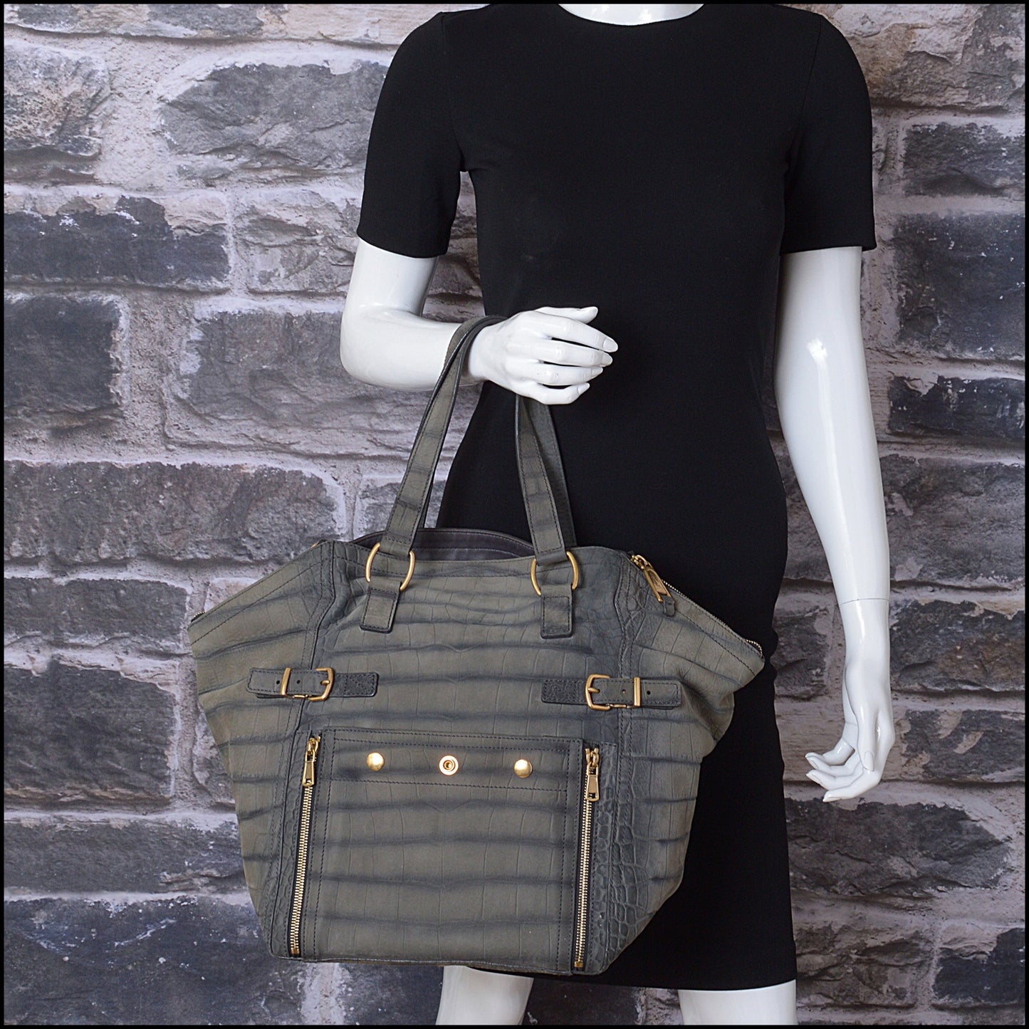 RDC14660 YVES SAINT LAURENT Grey Embossed Nubuck Large Downtown Bag