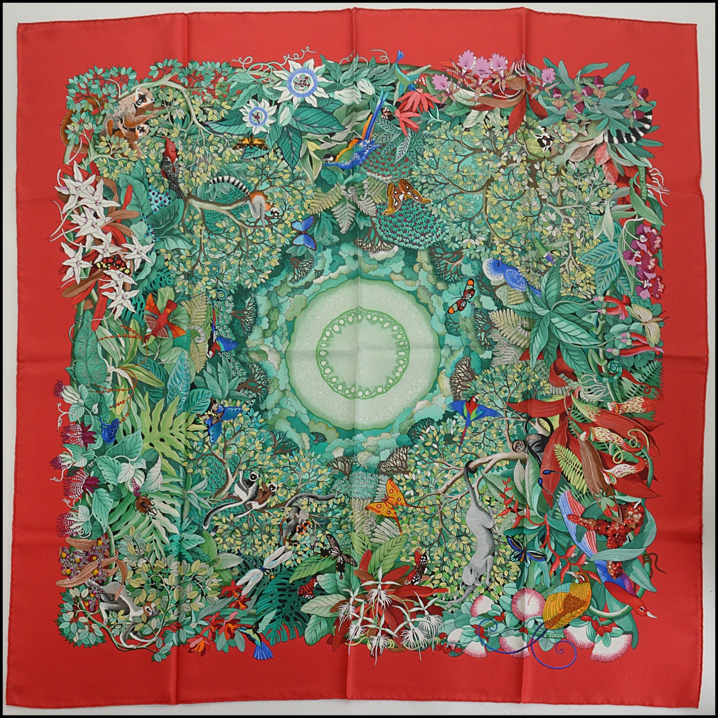 RDC14790 HERMES Red/Green/Multi. Flora & Fauna Silk Scarf 90