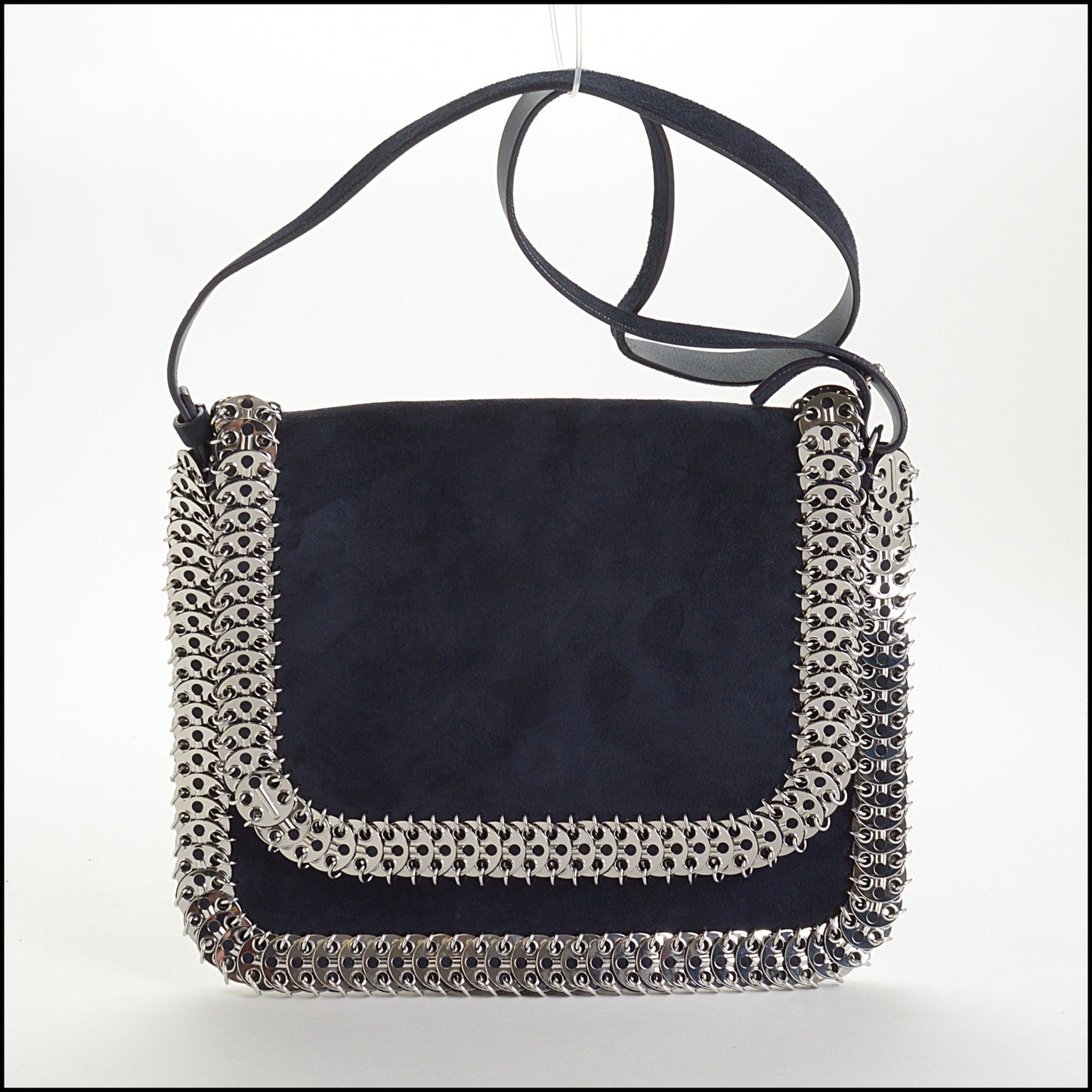 RDC14657 PACO RABANNE Navy Blue Suede Silver Disc Flap Bag