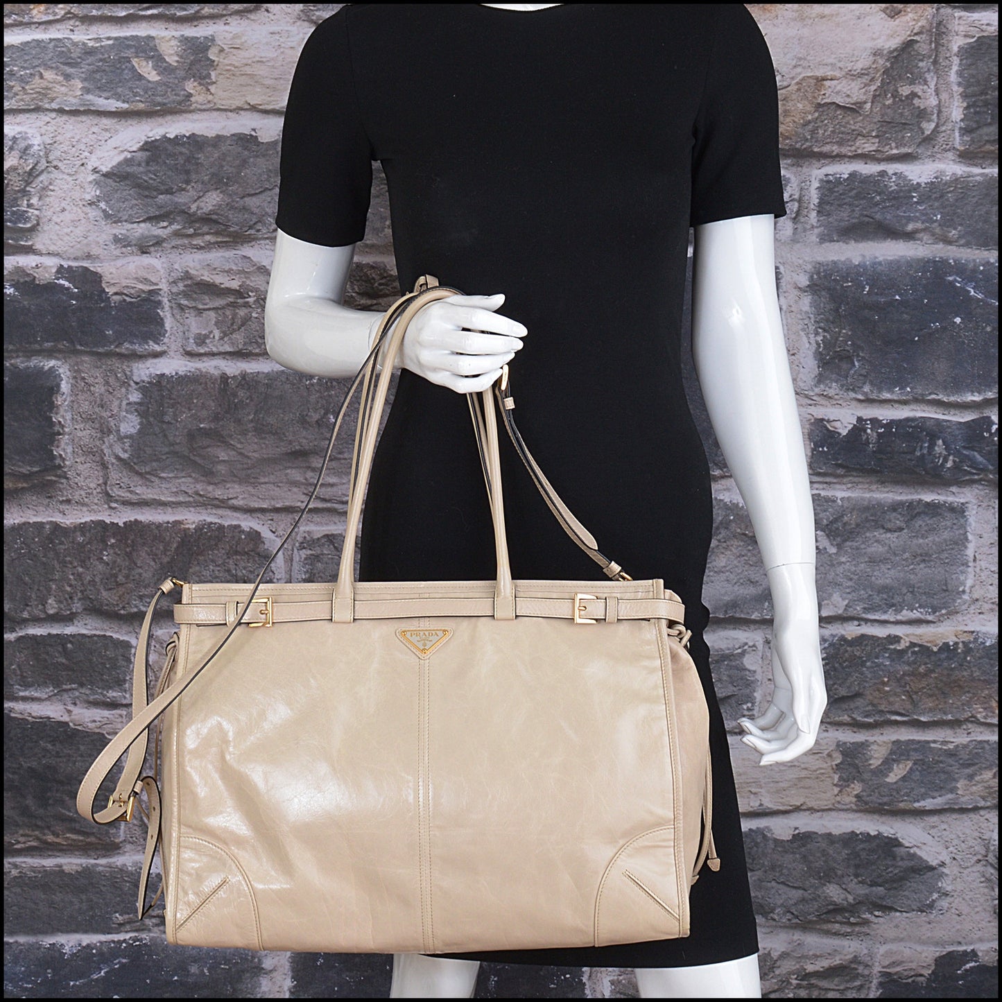 RDC15302 PRADA Travertine Leather Large Bonnie Bag