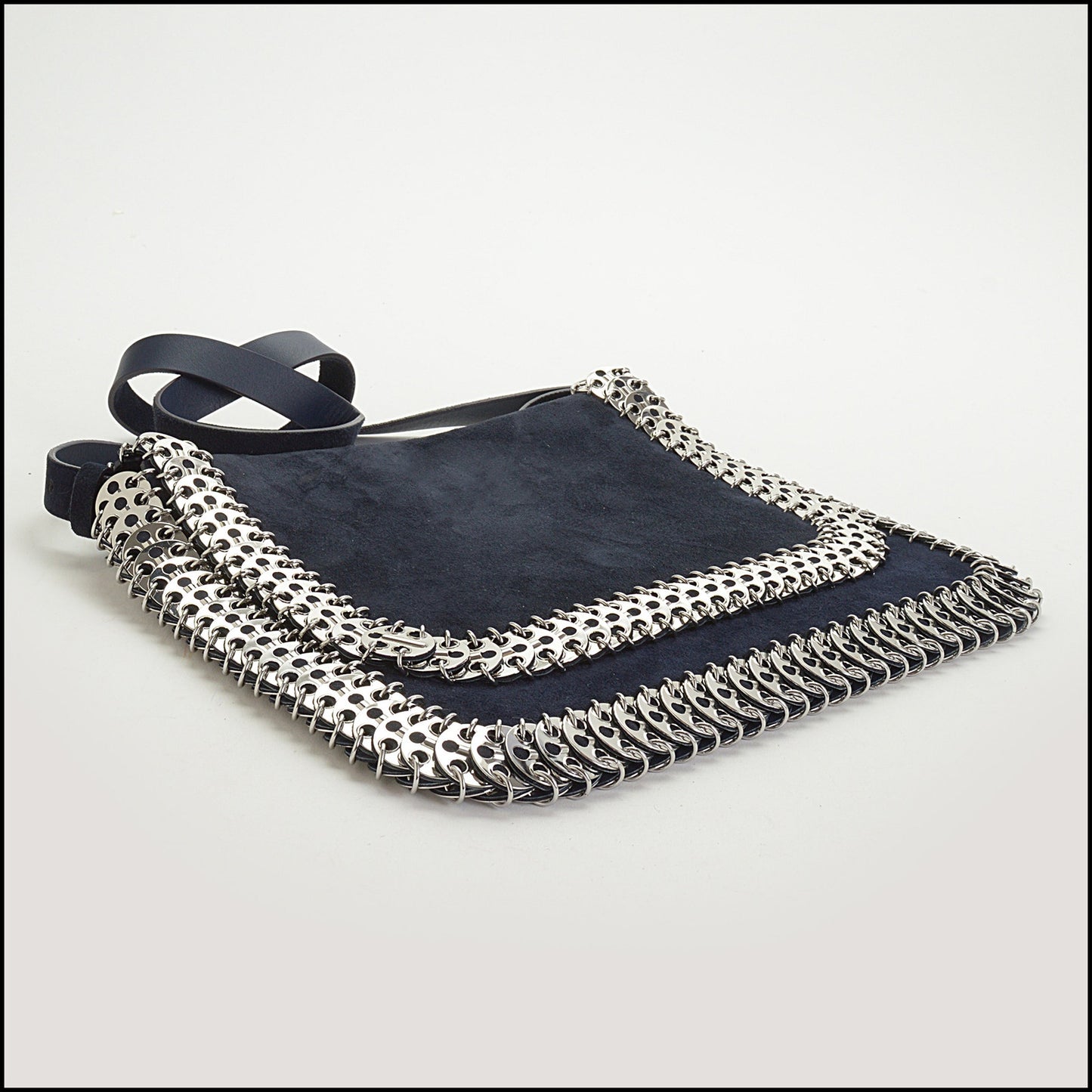 RDC14657 PACO RABANNE Navy Blue Suede Silver Disc Flap Bag