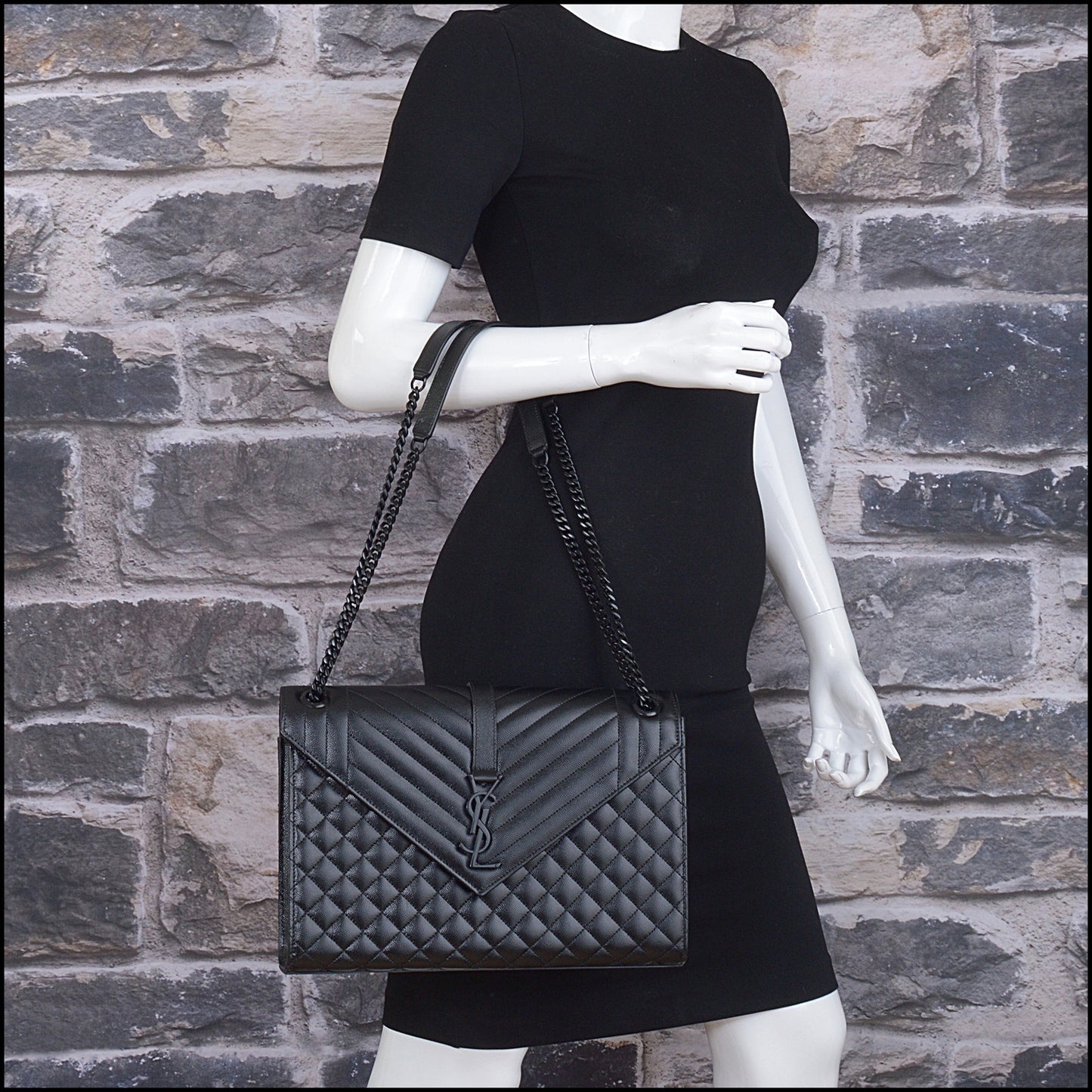 RDC15332 SAINT LAURENT Black Grain de Poudre Mixed Matelasse Large Envelope Chain Bag