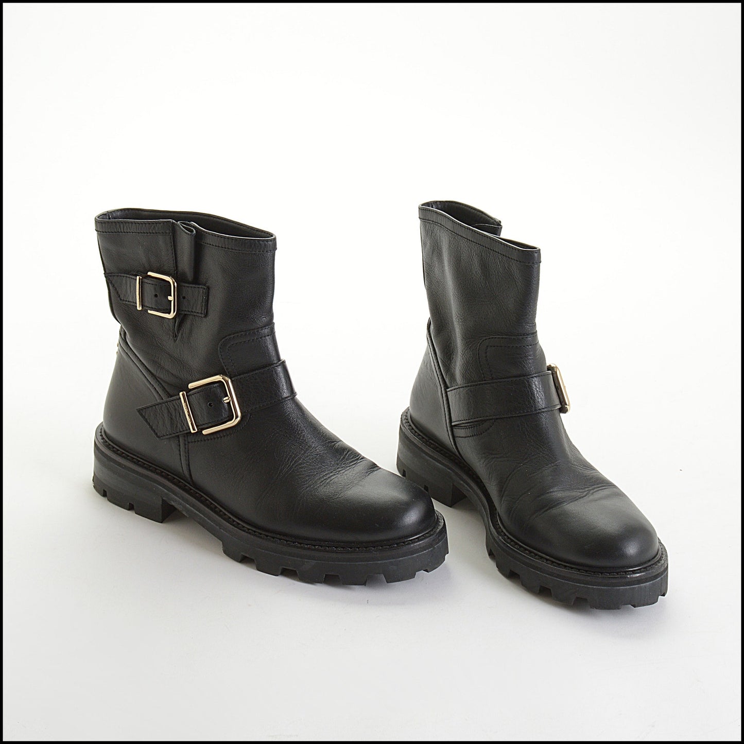 RDC14627 JIMMY CHOO Black Leather Youth Moto Boots Size 37.5