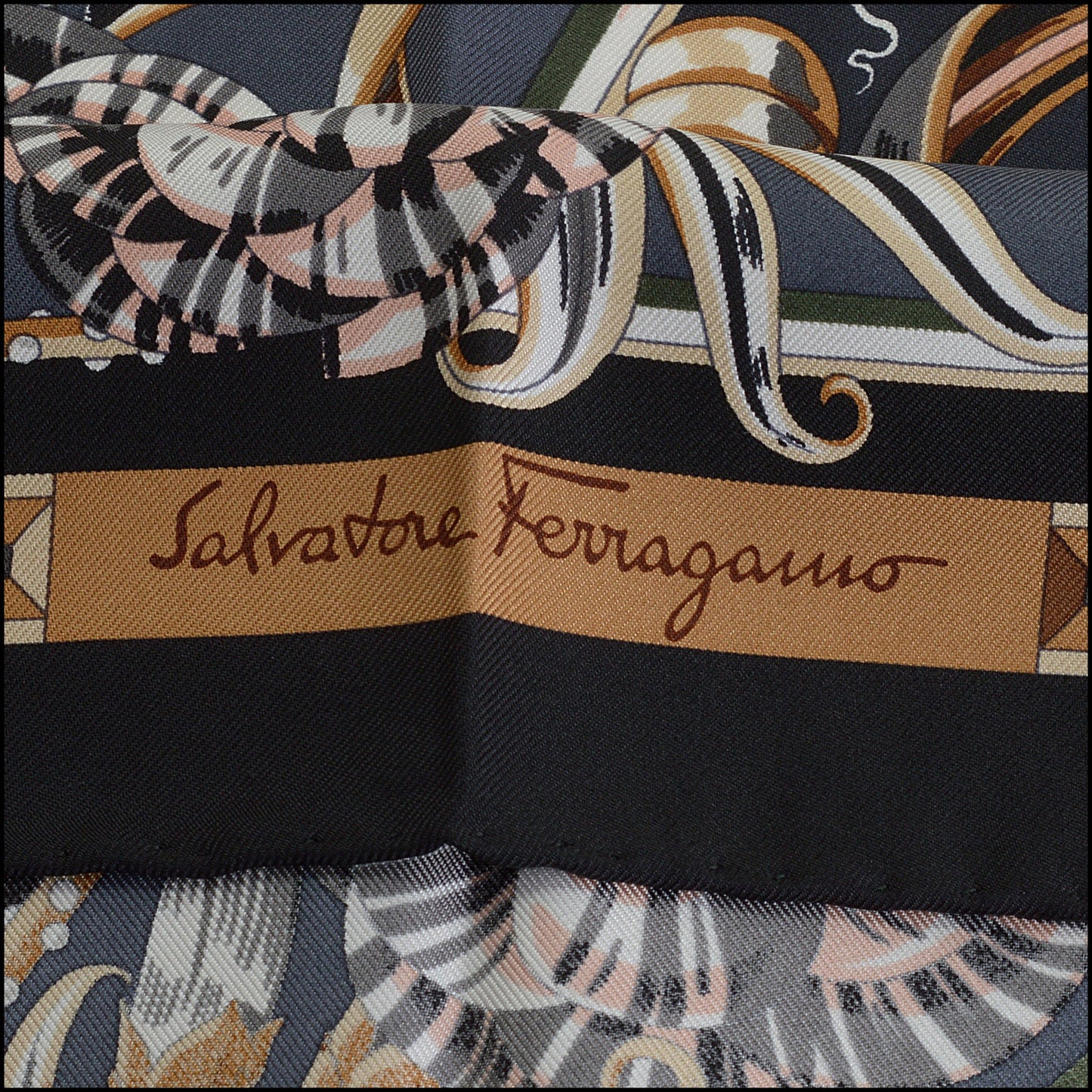 RDC14257 Authentic SALVATORE FERRAGAMO Black / Gold Flowers 90cm Silk Scarf