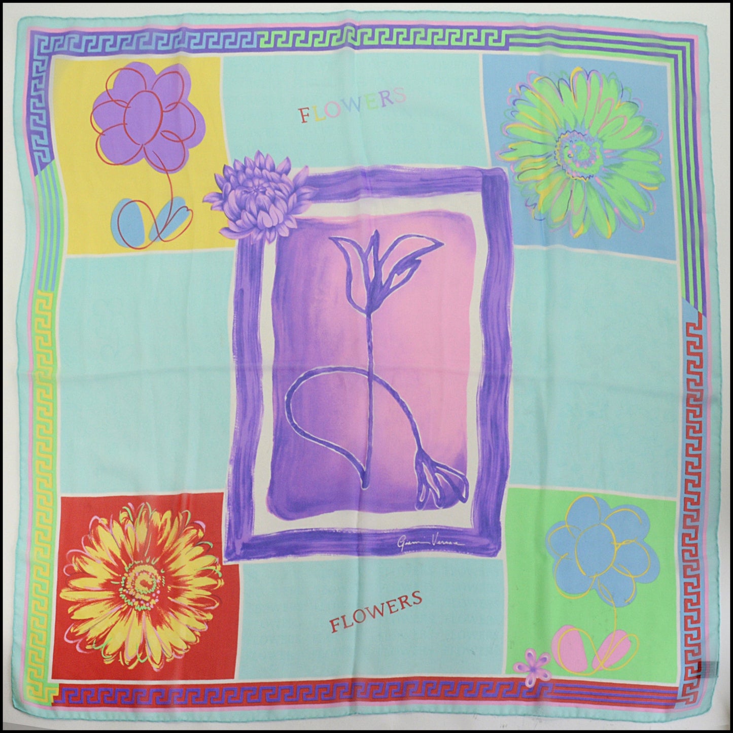 RDC14799 GIANNI VERSACE Vintage Greek Key Flowers Silk Chiffon Scarf
