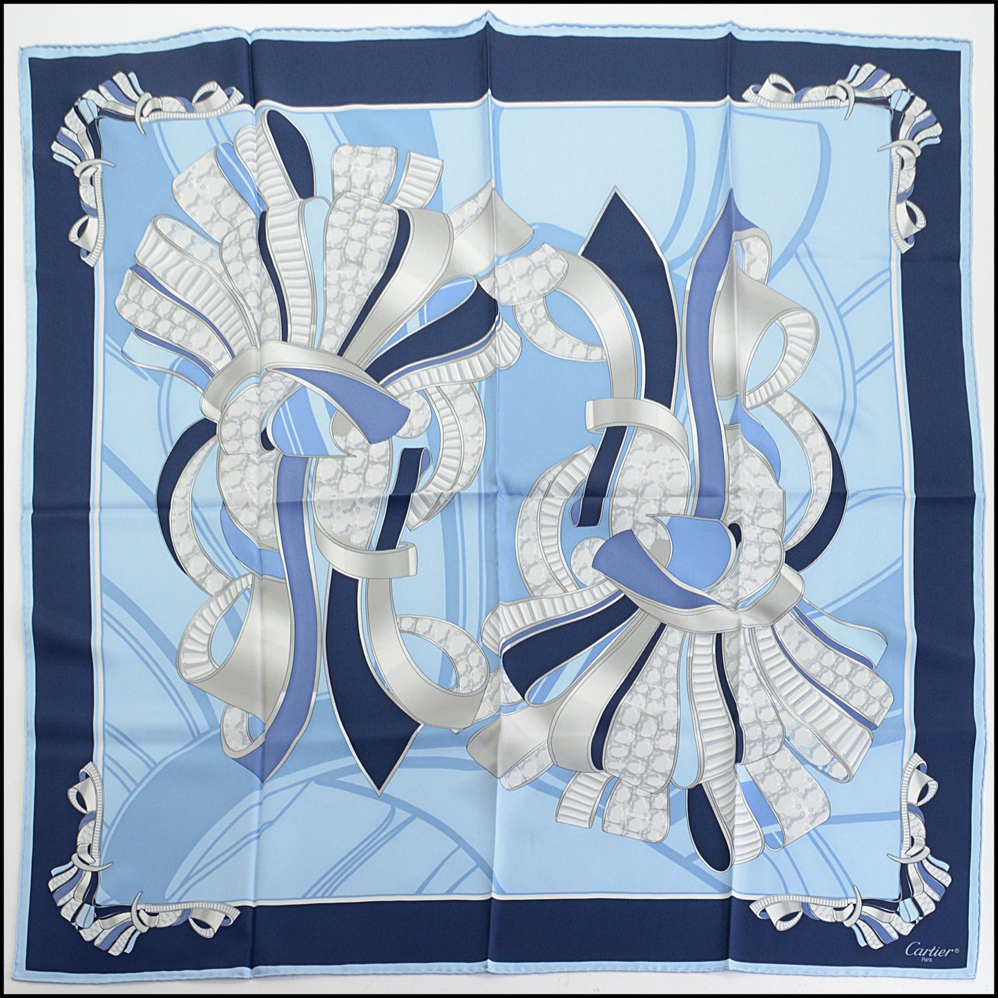 RDC14253 Authentic CARTIER Blue / Silver Jeweled Ribbons 90cm Silk Scarf
