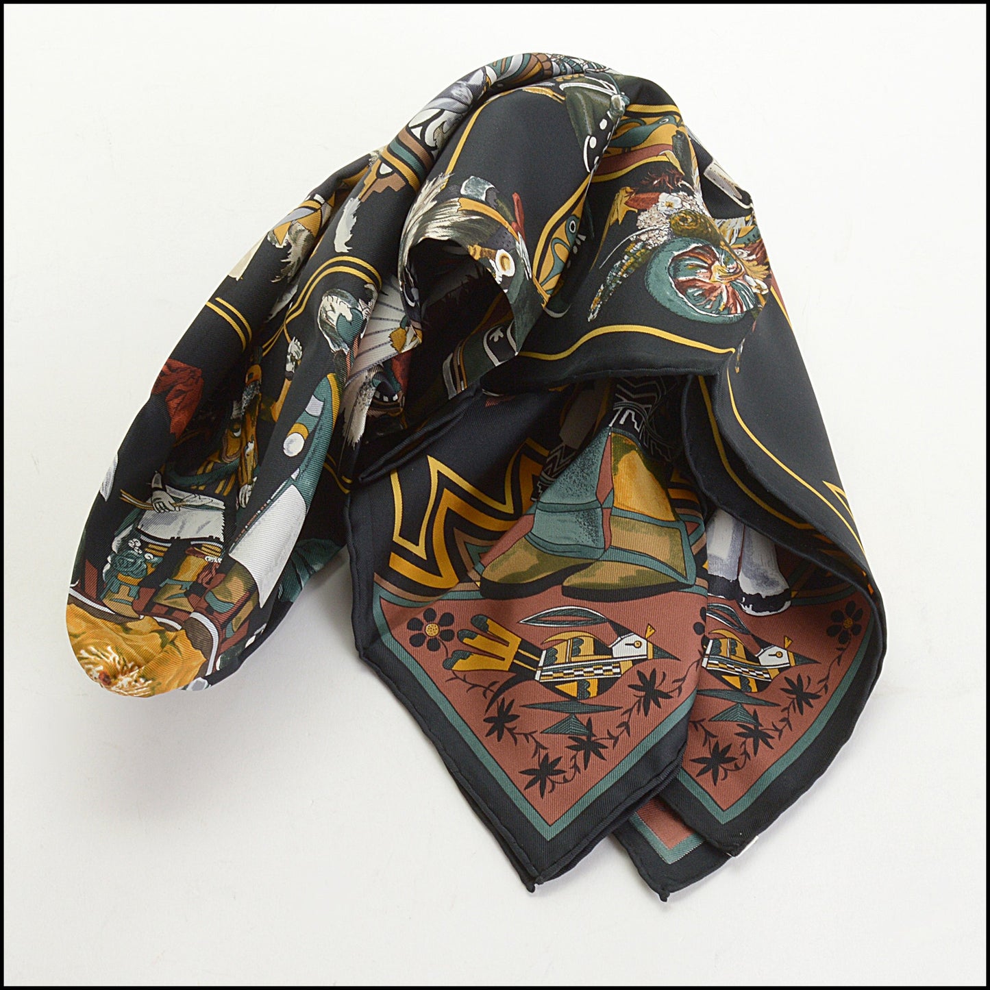 RDC14823 HERMES Black/White Kachinas 90 cm Silk Scarf Kermit Oliver