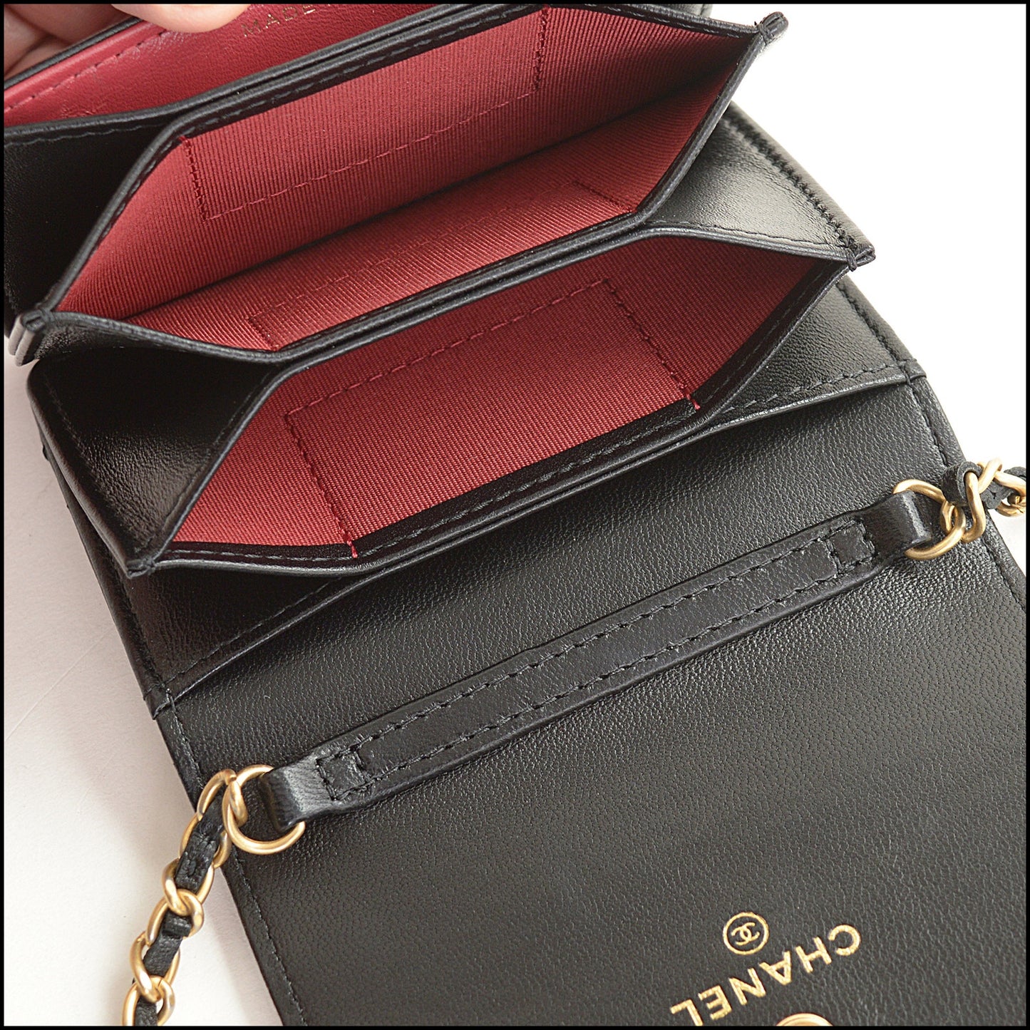 RDC14764 CHANEL '20 Black Lambskin Romance Ruffle Chain Card Wallet