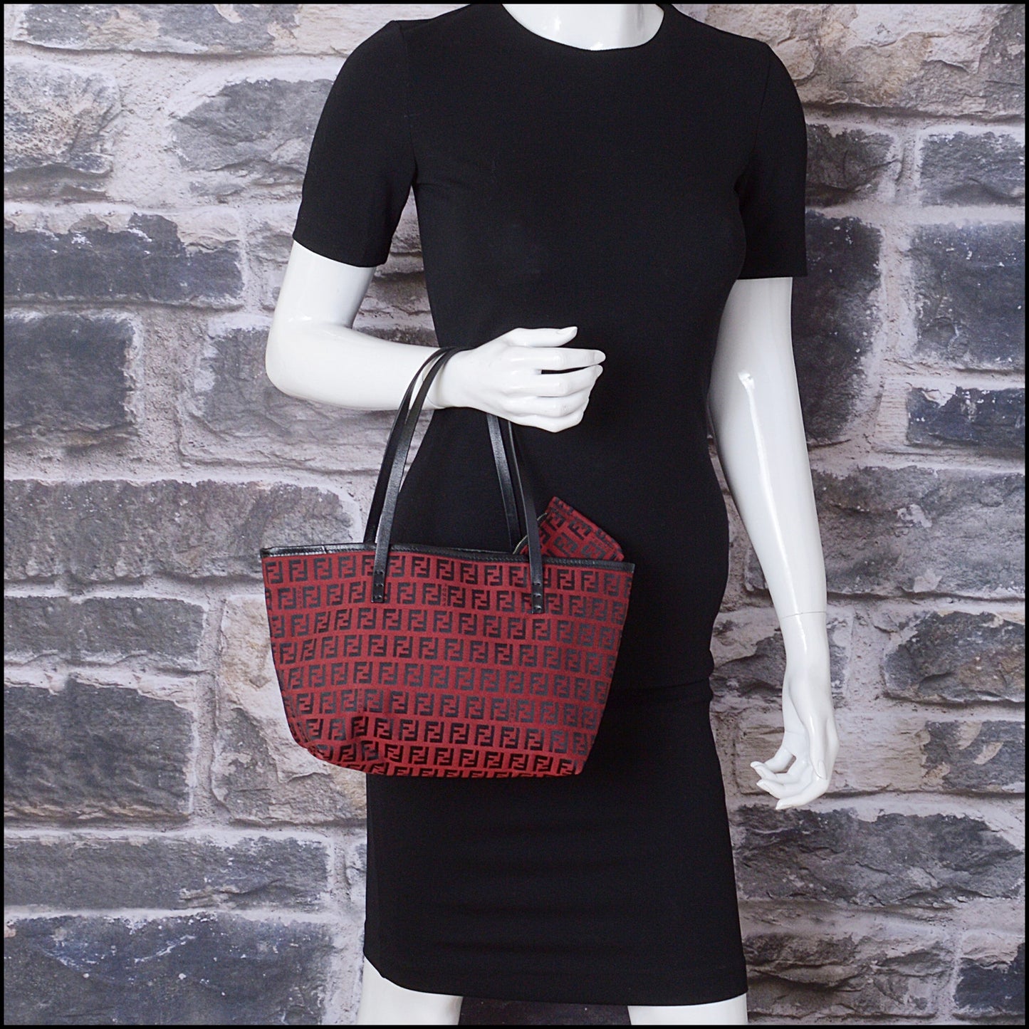 RDC14852 FENDI Red & Black Zucchino Canvas Mini Tote