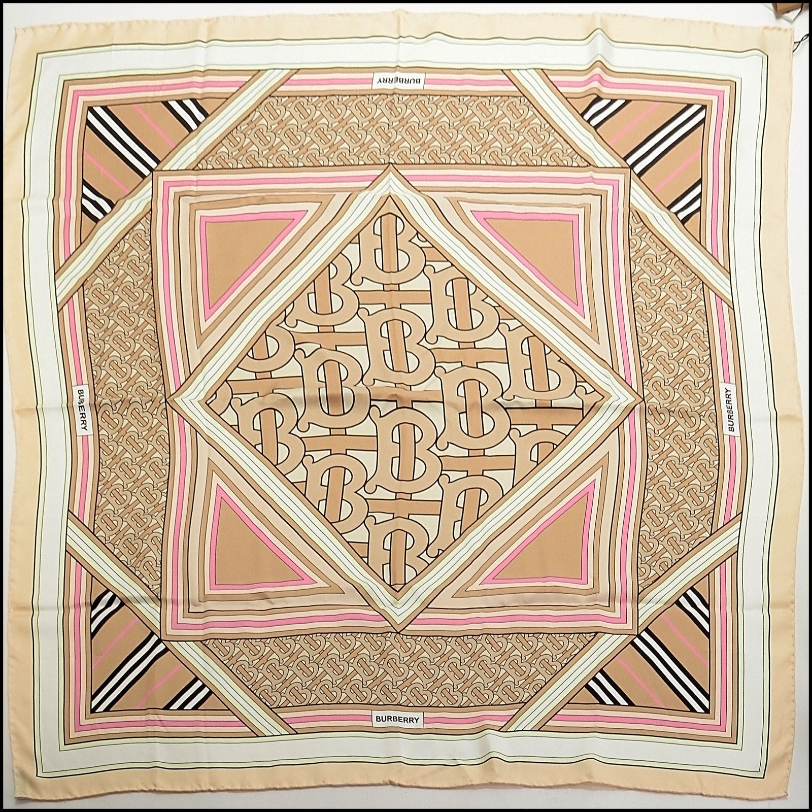 RDC13964 Authentic BURBERRY Beige & Multicolor 90cm Silk Scarf 