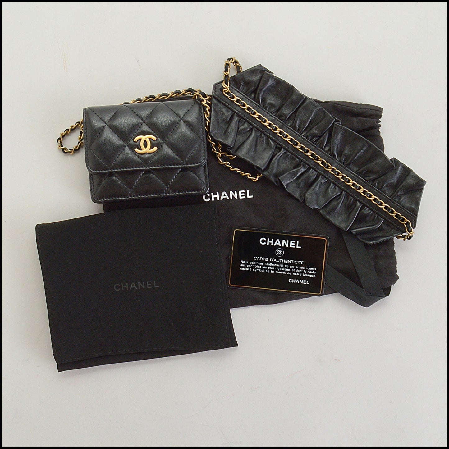 RDC14764 CHANEL '20 Black Lambskin Romance Ruffle Chain Card Wallet