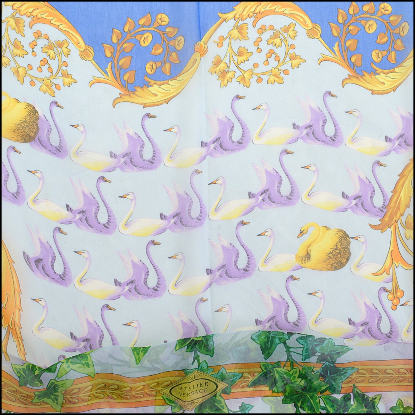 RDC14797 GIANNI VERSACE Vintage Blue Swans Silk Chiffon Scarf