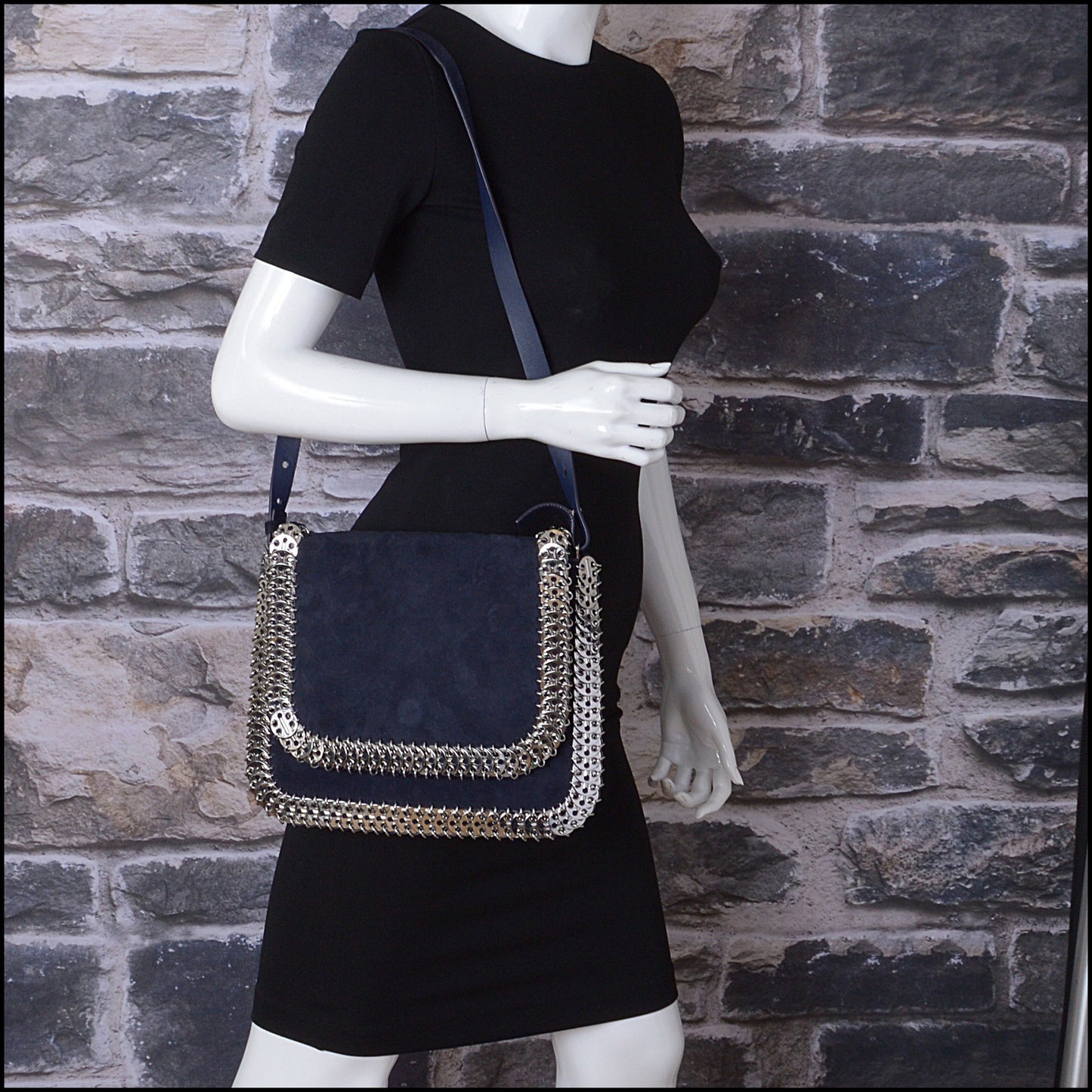 RDC14657 PACO RABANNE Navy Blue Suede Silver Disc Flap Bag