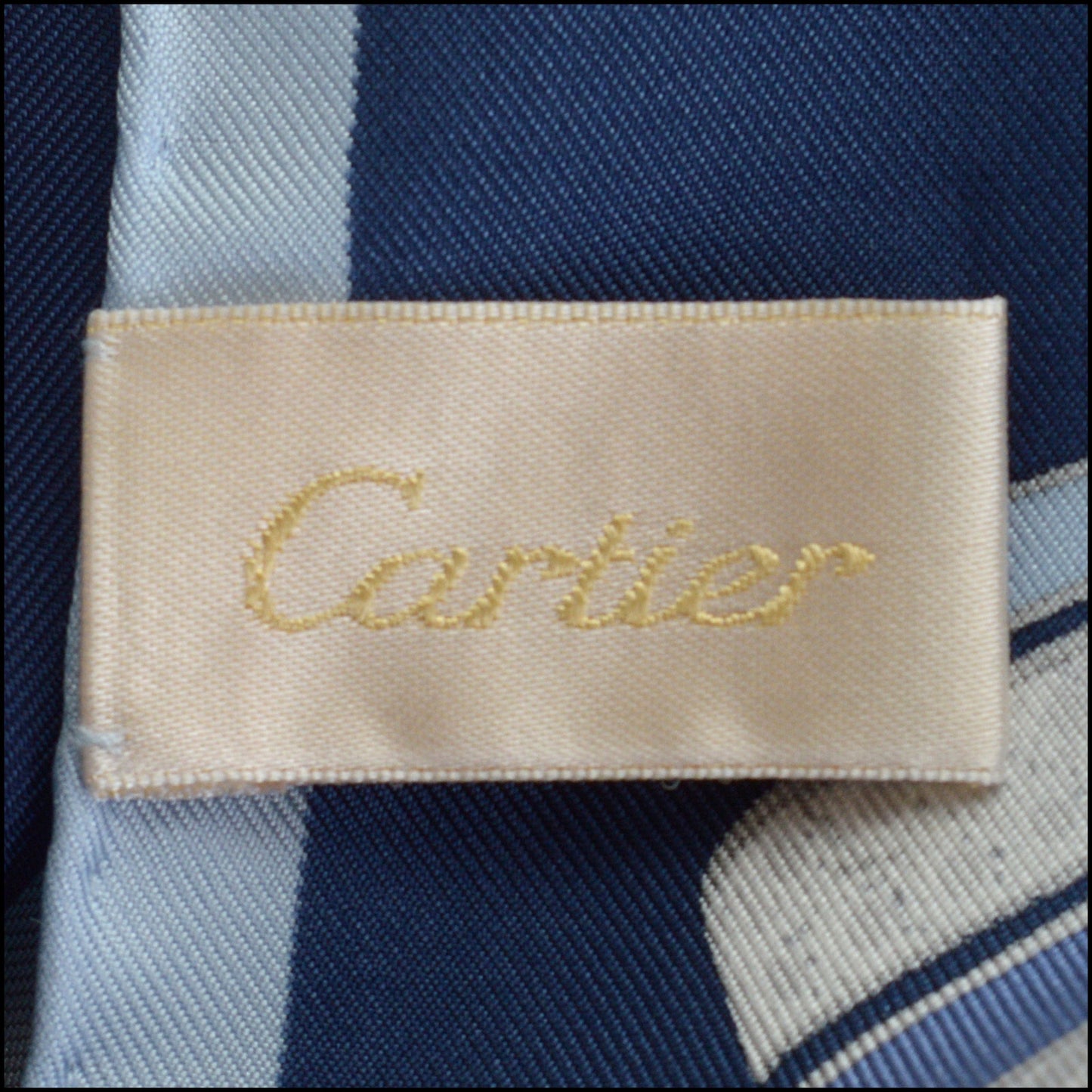 RDC14253 Authentic CARTIER Blue / Silver Jeweled Ribbons 90cm Silk Scarf