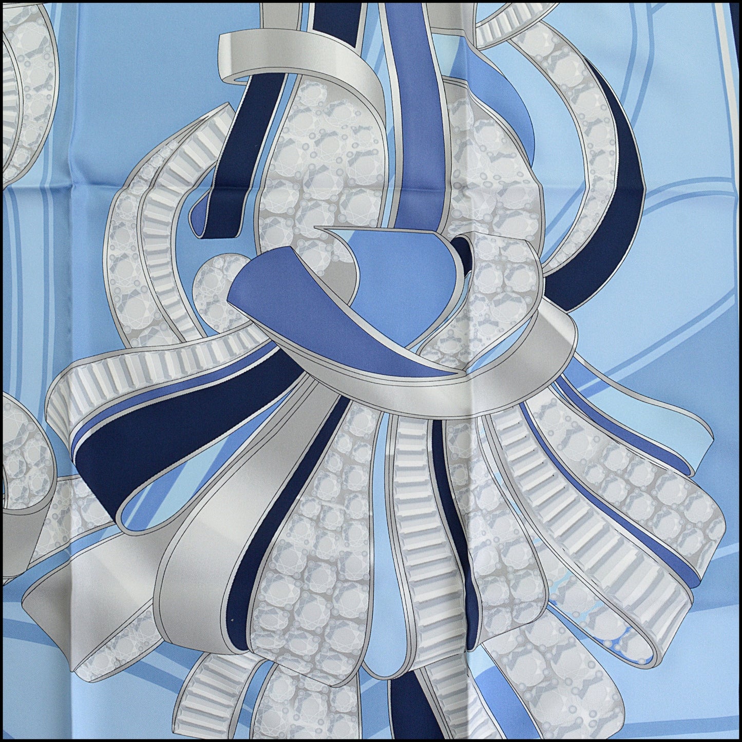 RDC14253 Authentic CARTIER Blue / Silver Jeweled Ribbons 90cm Silk Scarf