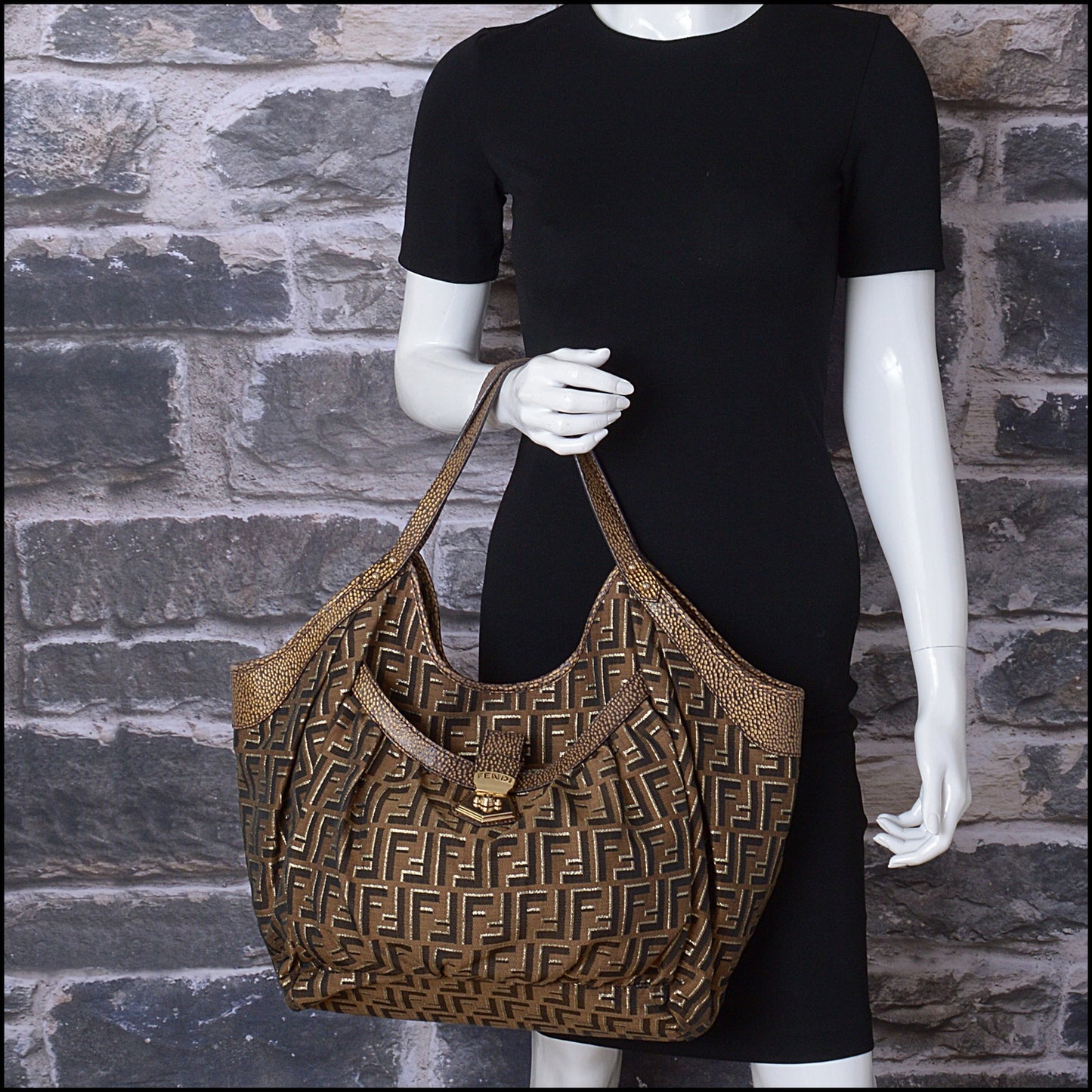 RDC14491 Fendi Gold Metallic Brown Zucca FF Logo Canvas Chef Shoulder Bag