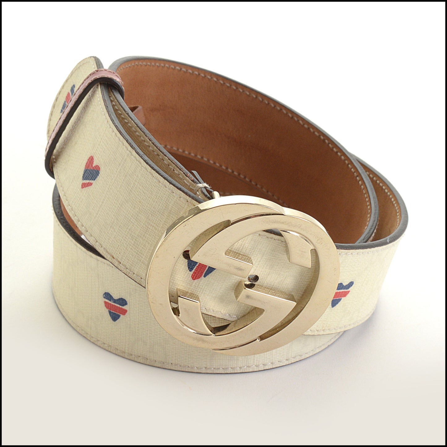 RDC14483 Gucci Vintage White Monogram & Hearts GG Buckle Belt