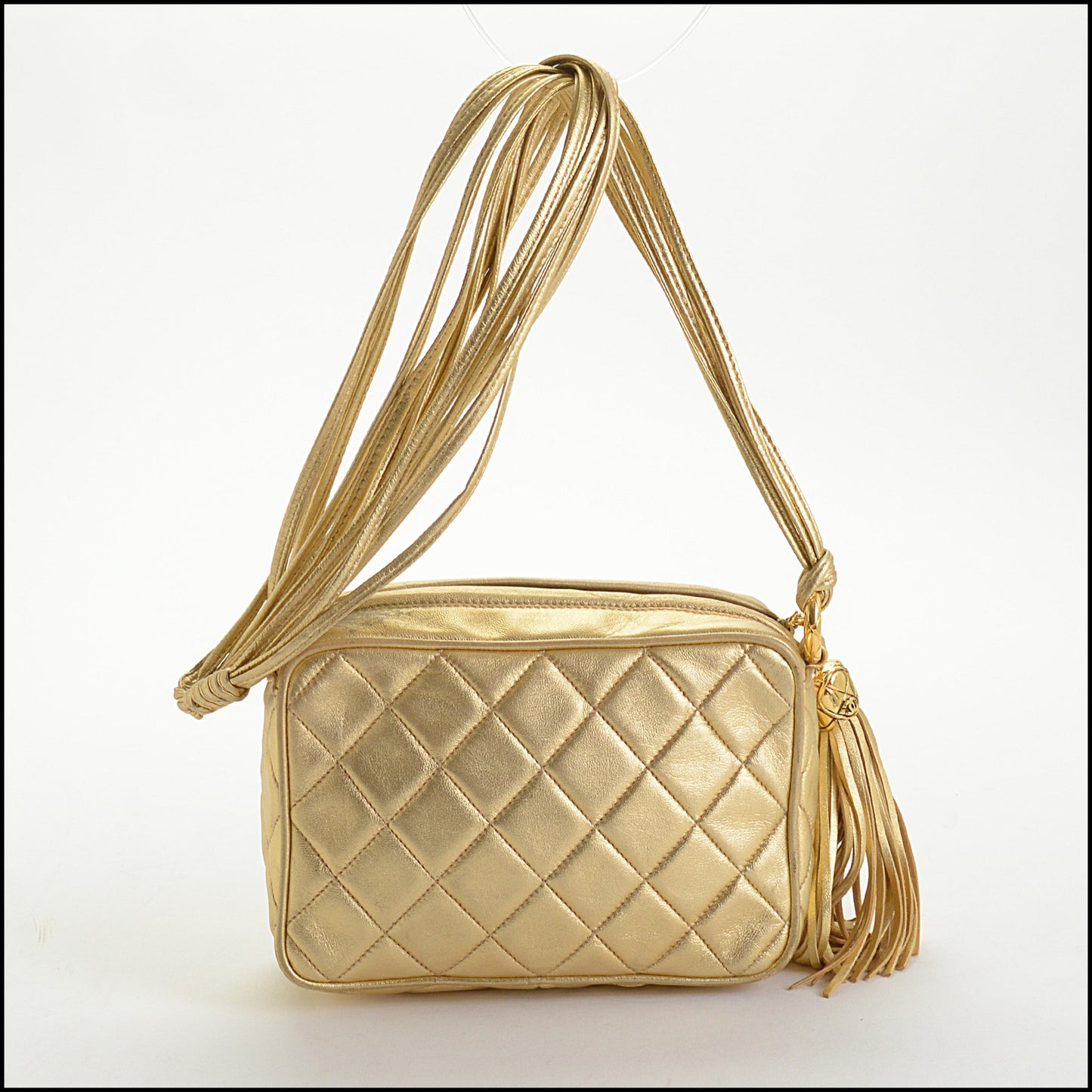 RDC14625 CHANEL Vintage '89-'91 Gold Lambskin Diamond CC Quilted Small Camera Bag