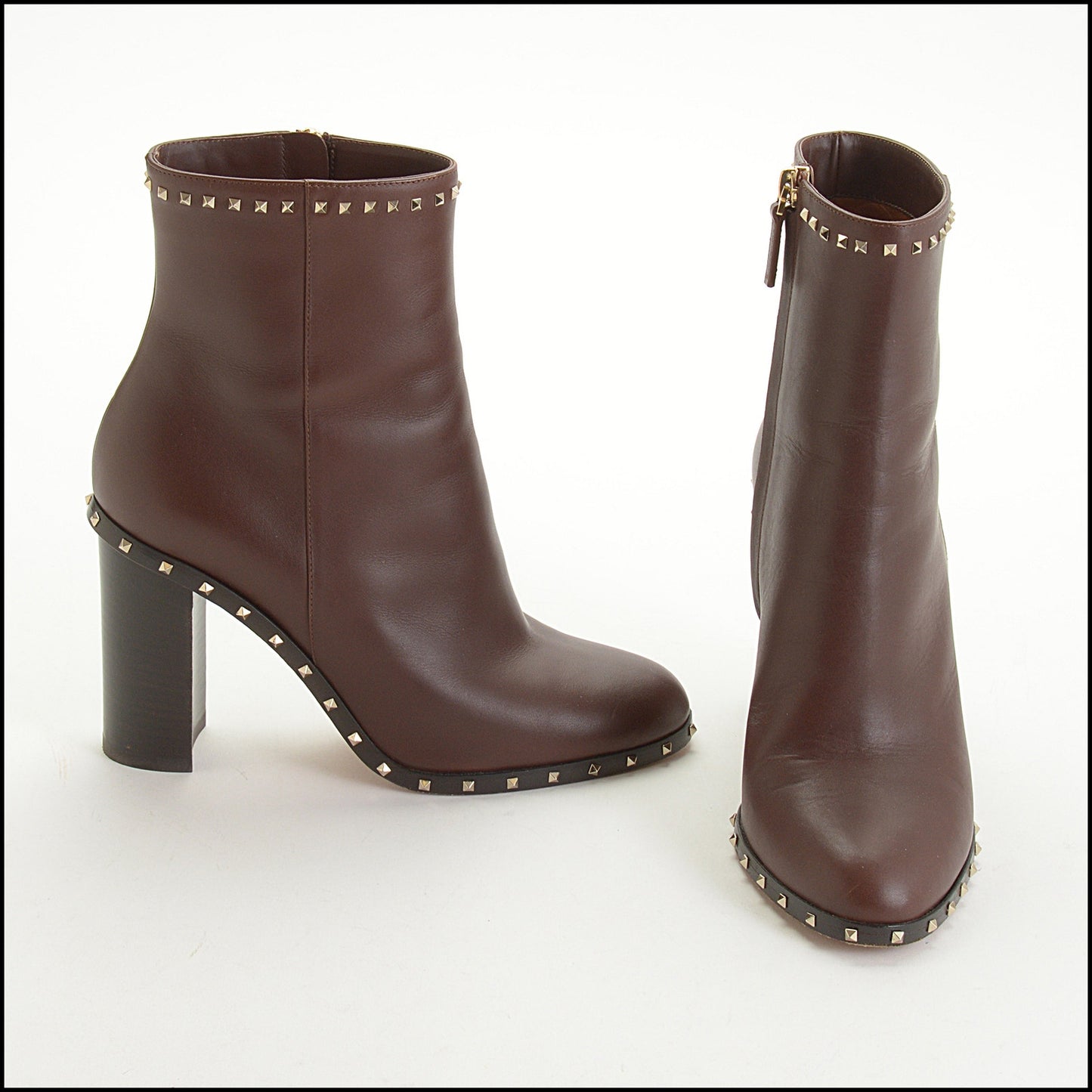 RDC14941 VALENTINO GARAVANI Brown Leather Rockstud Boots Size 37