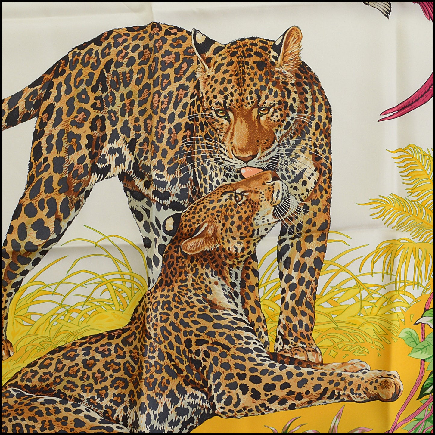 RDC14795 HERMES Yellow "Jungle Love" Leopards Silk Scarf 90