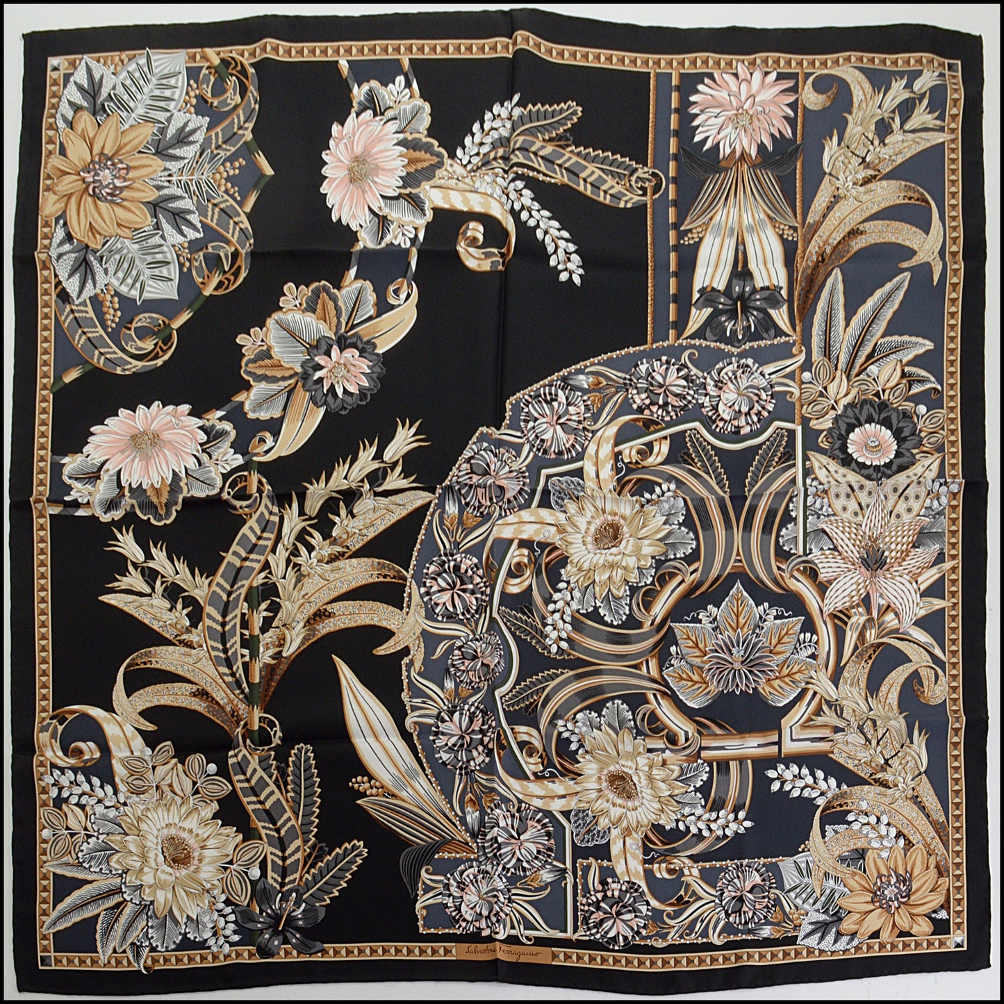 RDC14257 Authentic SALVATORE FERRAGAMO Black / Gold Flowers 90cm Silk Scarf