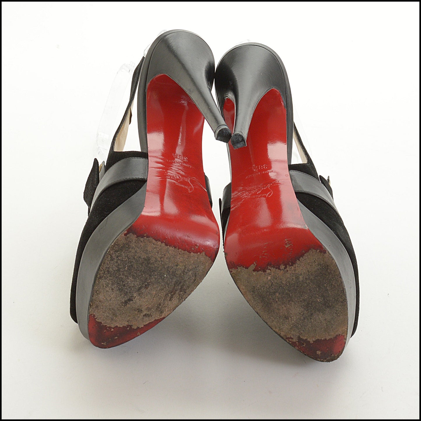 RDC14652 CHRISTIAN LOUBOUTIN Black Suede Jem Platform Peep Toe 150 Sandals Size 38.5