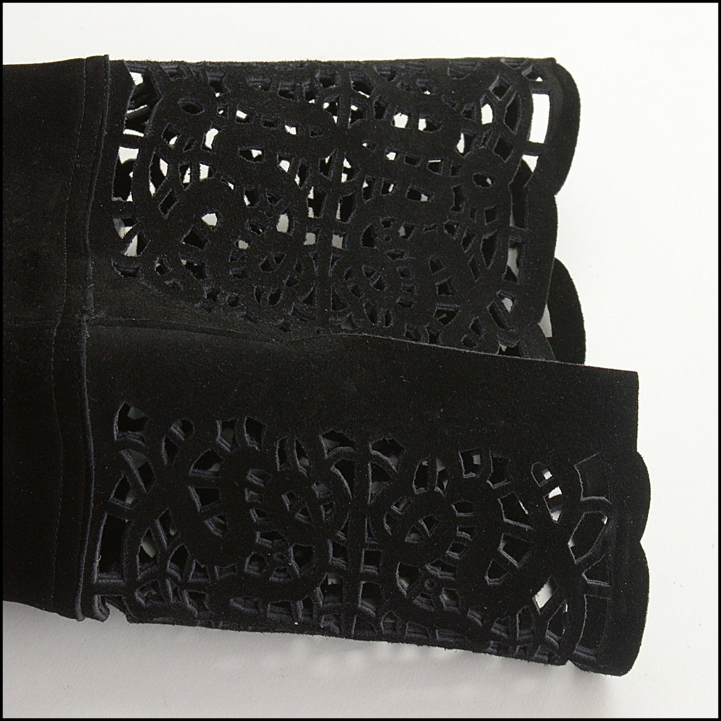 RDC15299 MANOLO BLAHNIK Black Suede Laser-Cut Over The Knee Boots Size 40