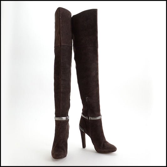 RDC12843 Authentic Fendi Brown Suede Silver Leather Thigh High Boots Size 39