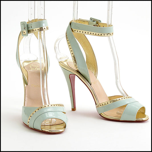 RDC13497 Authentic LOUBOUTIN Pale Green & Gold Patent Peep Toe Heels size 37.5