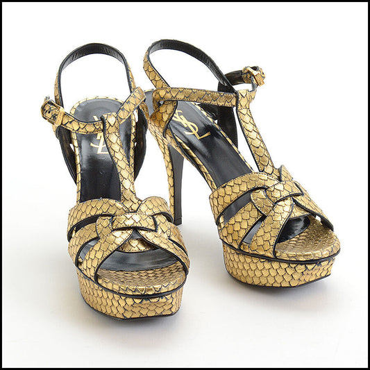 RDC13113 Authentic YSL Gold York Lame T-Strap High Heels Size 38