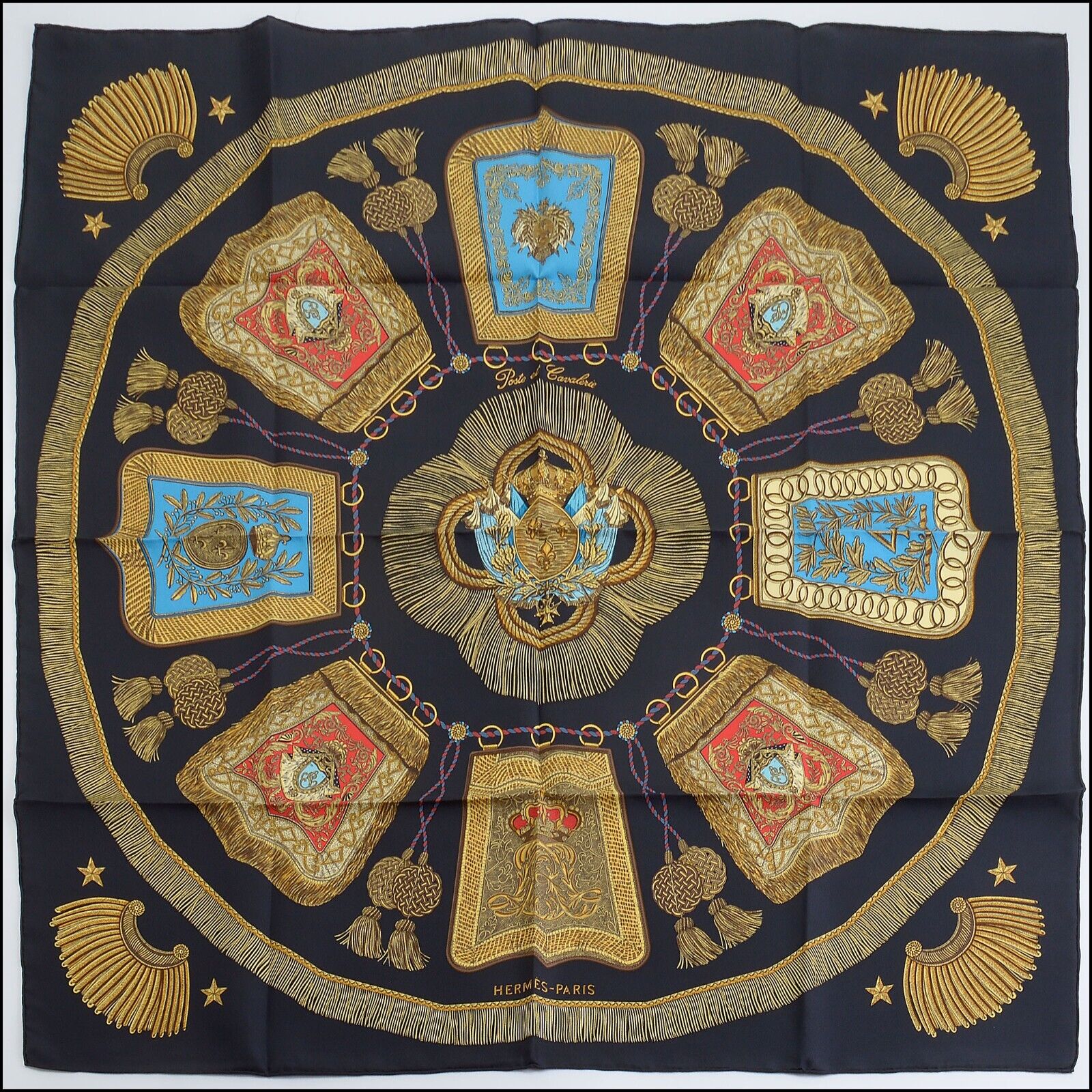 RDC13585 Authentic HERMES Black Poste Et Cavalerie 90cm Silk