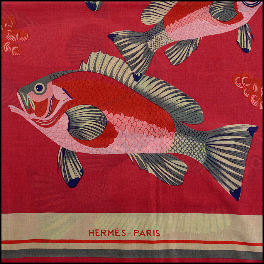 RDC12547 Authentic Hermes Vintage Red Soies Volantes Fish Cotton Voile Pareo