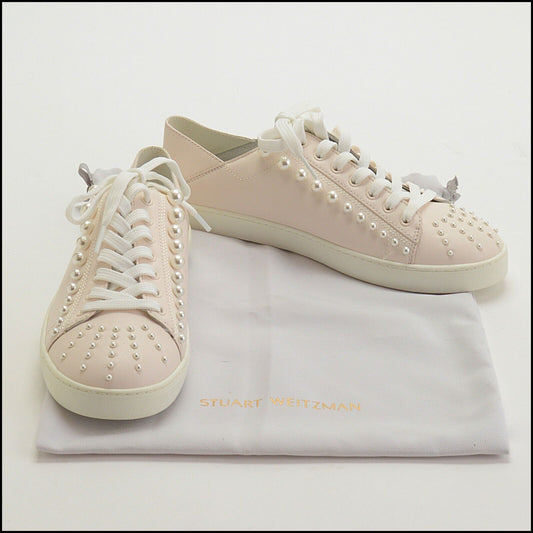 RDC13772 Authentic STUART WEITZMAN Pale Pink Leather Pearl Detail Sneakers