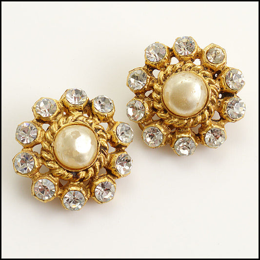 RDC12420 Authentic Chanel Vintage Gold Pearl & Rhinestone Clip On Earrings