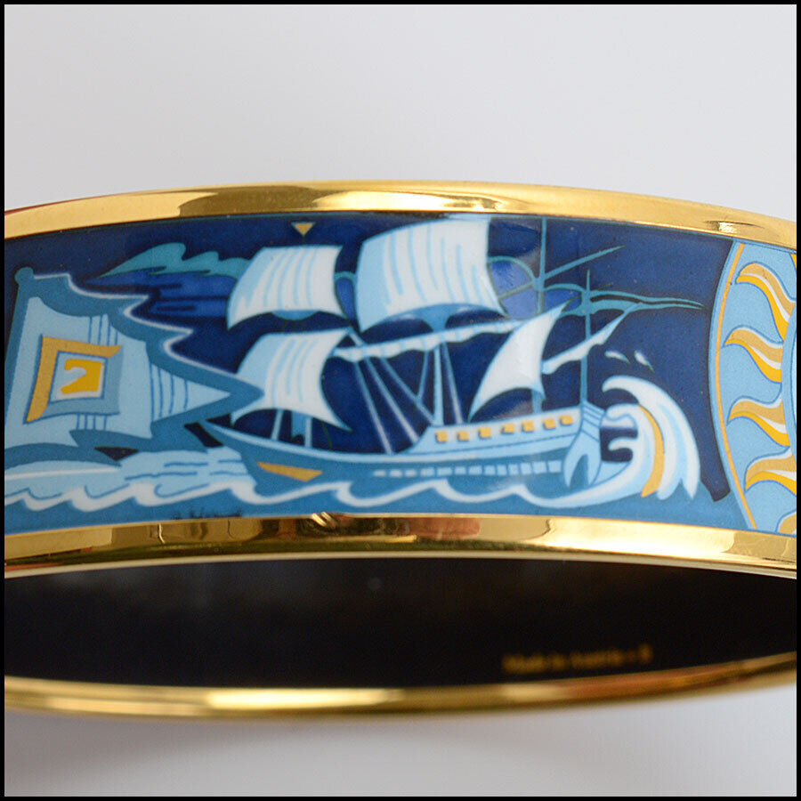 RDC12919 Authentic Hermes Navy/Gold Sailing Ships Emaile Enamel Bangle Bracelet
