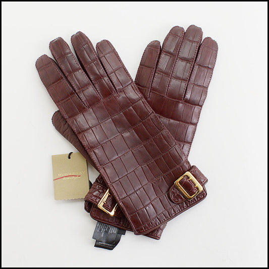 RDC12964 Authentic Burberry Burgundy Crocodile Buckle Gloves Size 7