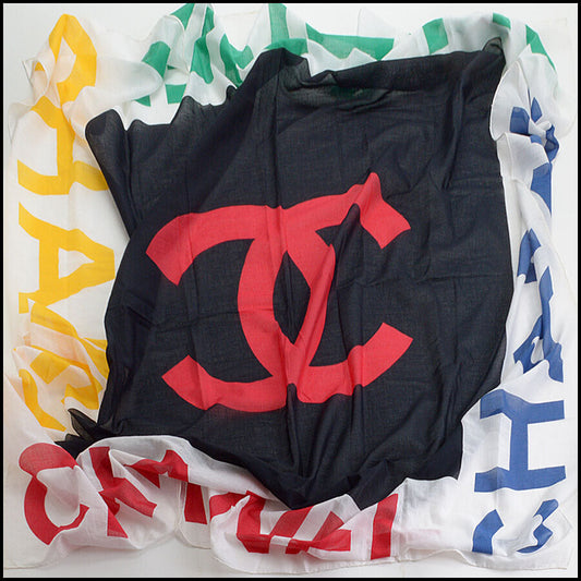 RDC13401 Authentic CHANEL Multicolor Graphic Logo Cotton Pareo Wrap