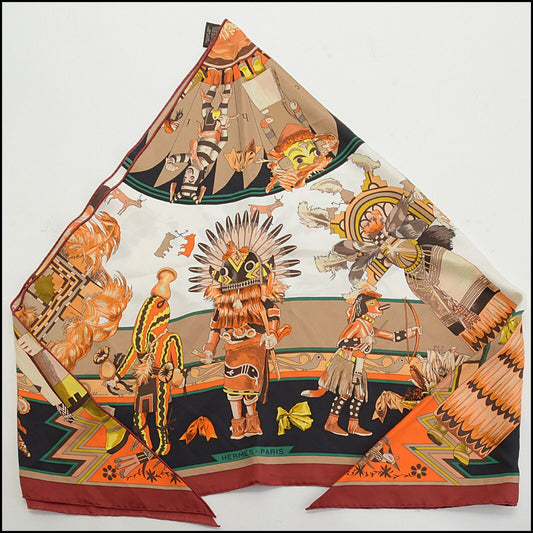 RDC13749 Authentic HERMES Rouge Kachinas Silk GM Triangle Scarf
