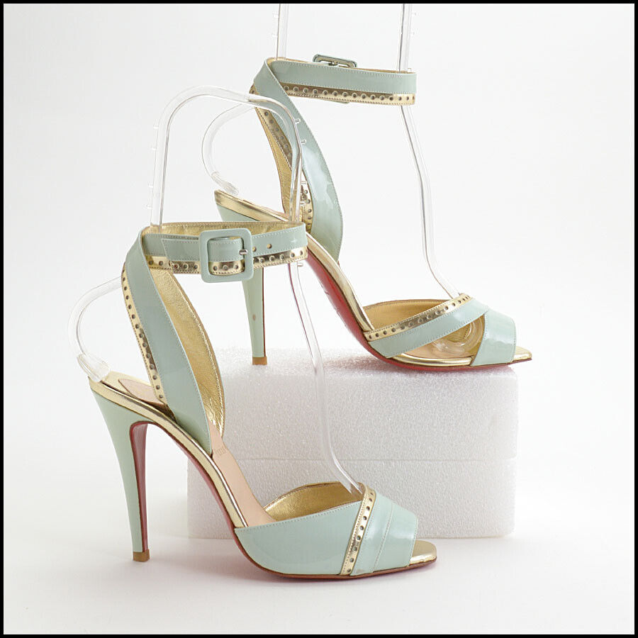 RDC13497 Authentic LOUBOUTIN Pale Green & Gold Patent Peep Toe Heels size 37.5