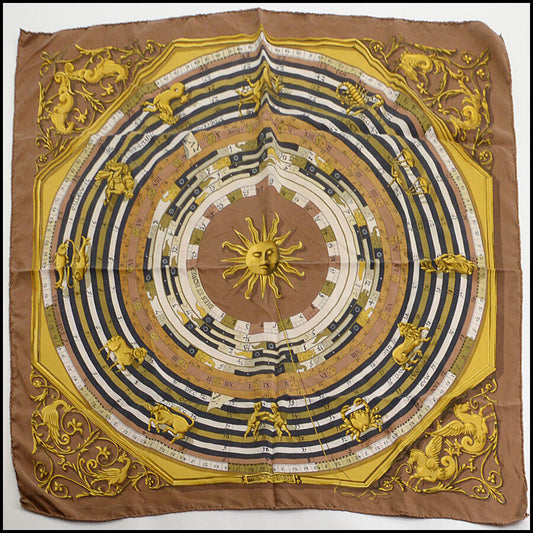 RDC13406 Authentic Vintage HERMES Brown Astrologie 90cm Silk Scarf