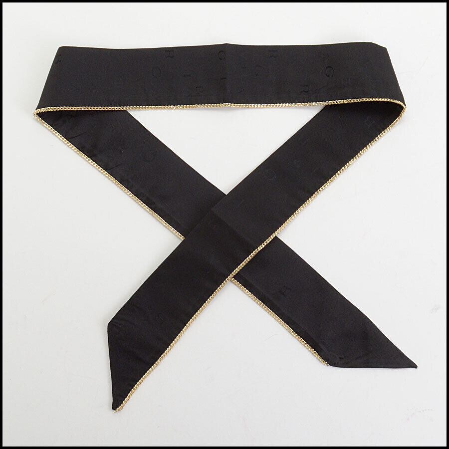 RDC12630 Authentic BVLGARI Black Silk & Golden Chain Edge Bandeau Scarf