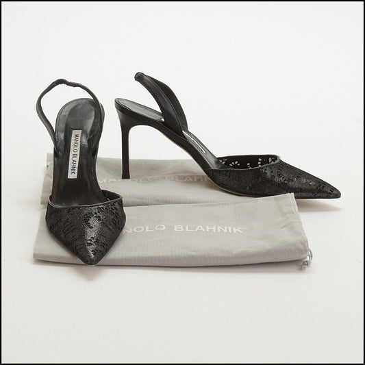 RDC13777 Authentic MANOLO BLAHNIK Black Leather Slingback Carolyne Heels Size 8
