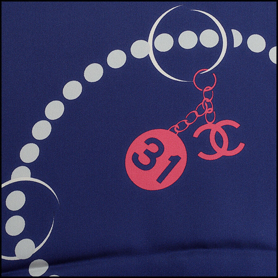 RDC12690 Authentic Chanel Navy/Pink/Ivory Beads & Charms 90cm Silk Scarf