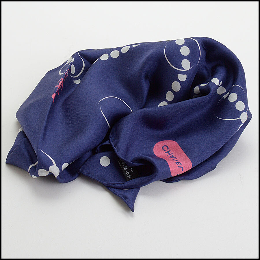 RDC12690 Authentic Chanel Navy/Pink/Ivory Beads & Charms 90cm Silk Scarf
