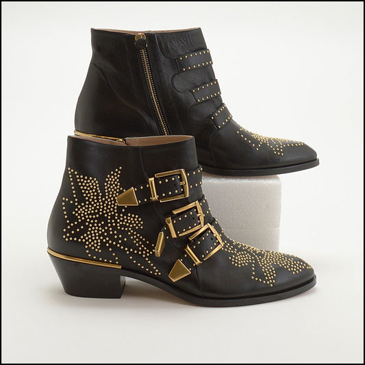 RDC13769 Authentic CHLOE Black Leather Susanna Golden Studs Buckled Ankle Boots